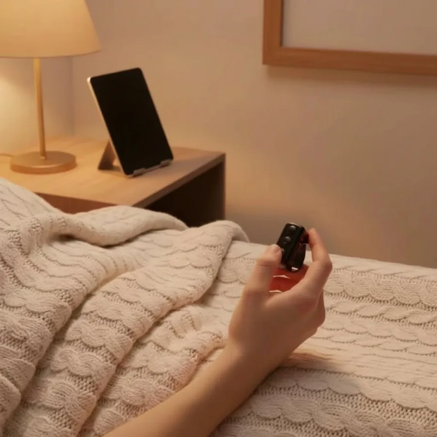 Ring on a hand in bed, phone on the bedside table